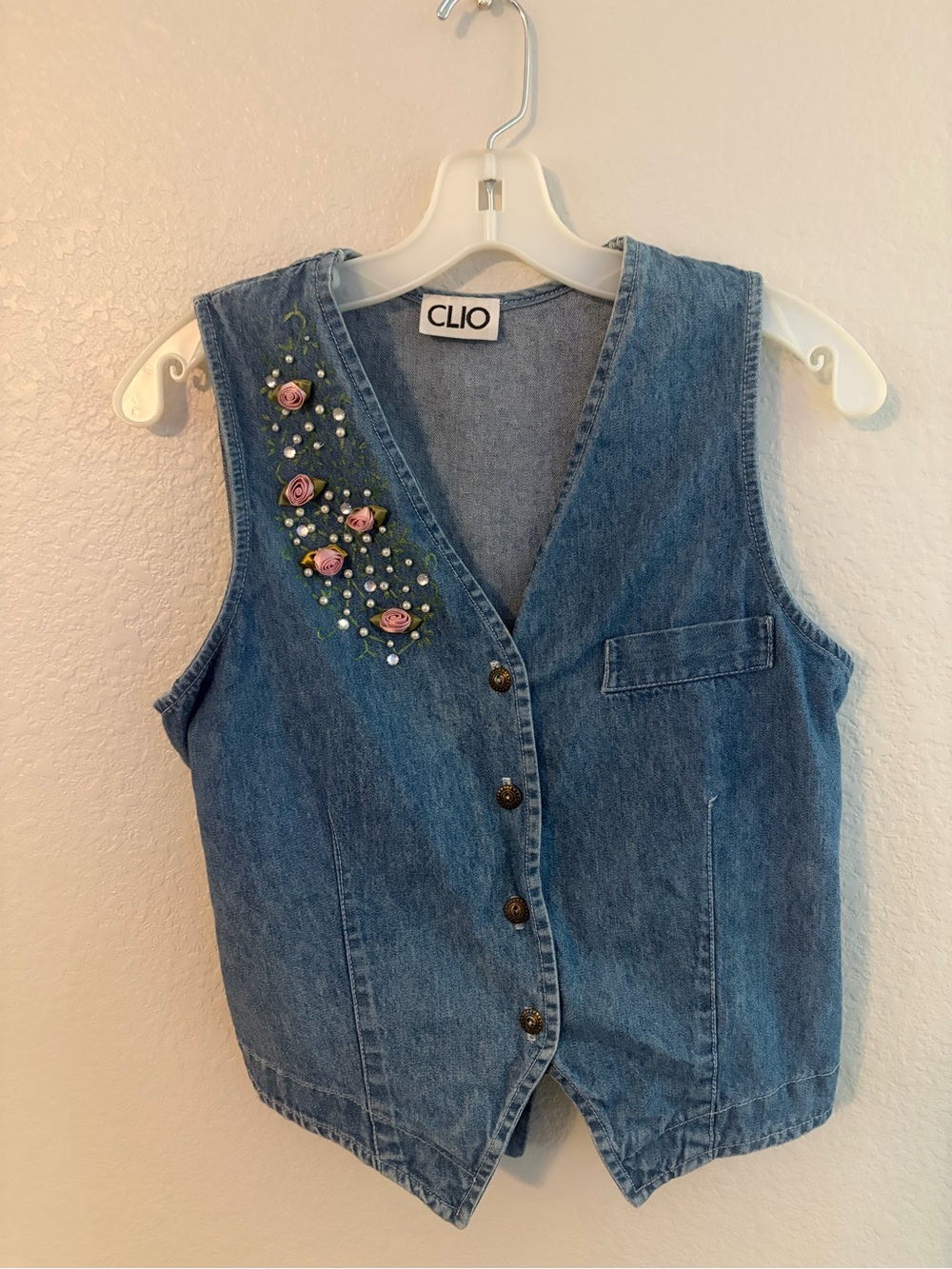 Vintage Clio Blue Denim Vest with Pink Rosette Embroidery